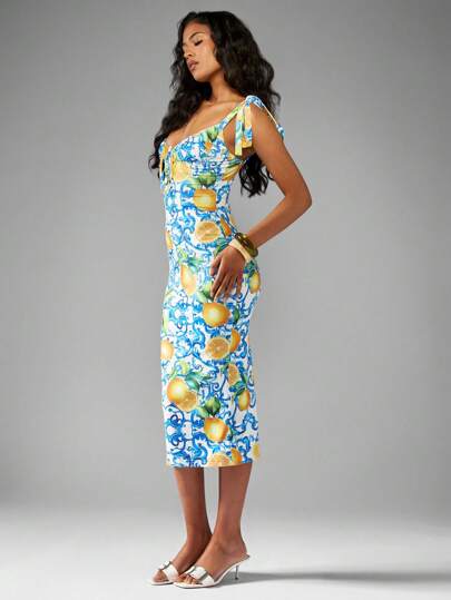 MISSGUIDED Shoulder Tie Italian Lemon Print Sweetheart Neckline Midi Dress ｜MISSGUIDED
