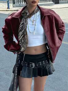 Women Plus Size Loose Fit Moto Biker Jacket, Vegan Leather, Black, Autumn/Winter Fall Cloth For Women