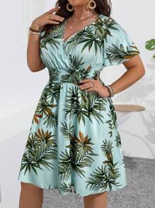 Flirla 大码女式热带植物印花荷叶边短袖连衣裙，夏季度假