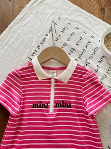 SHEIN Babygirl Cute Striped Polo Collar Short Sleeve Knit Dress, Summer - Pink - View 5