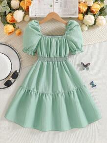 Tween Girls 纯色泡泡下摆短袖 A 字裙，适合节日派对，增添节日气氛，也适合户外活动和休闲家居服 - 綠色 - 查看 8