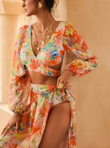 SHEIN Oasis Tropical Floral Print Ruffled 3-Piece Swimwear Set For Summer Beach Vacation - Orange - View 2