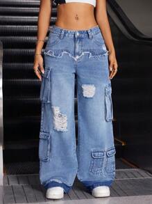 SHEIN ICON 女士休闲牛仔裤，适合夏季 - 中等水洗藍 - 查看 1