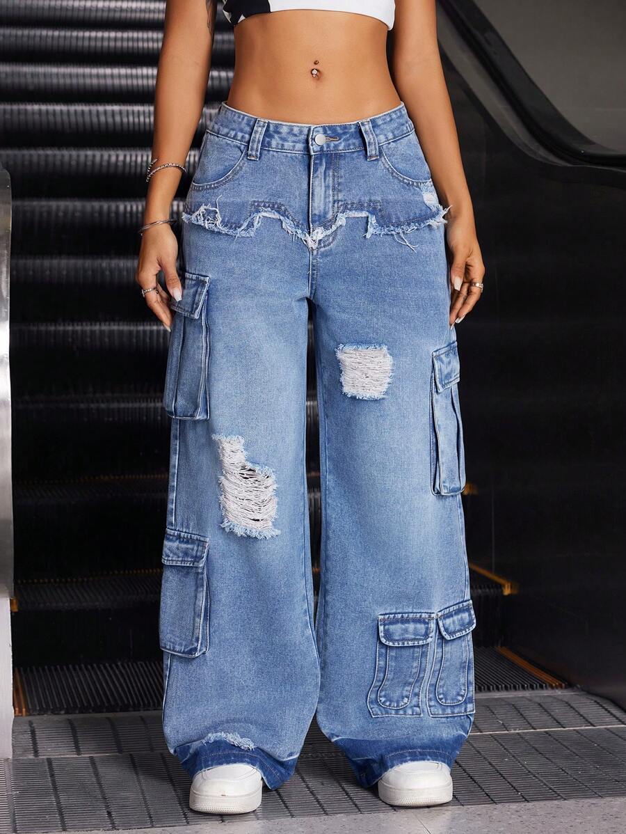 SHEIN ICON 女士休闲牛仔裤，适合夏季 - 中等水洗藍 - 查看 1