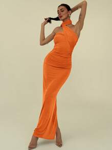 Aloruh Elegant One Shoulder Ruffle Design Slimming Pleated Sparkly Long Straight Evening Dress,Summer Dresses For Women - Orange - View 7