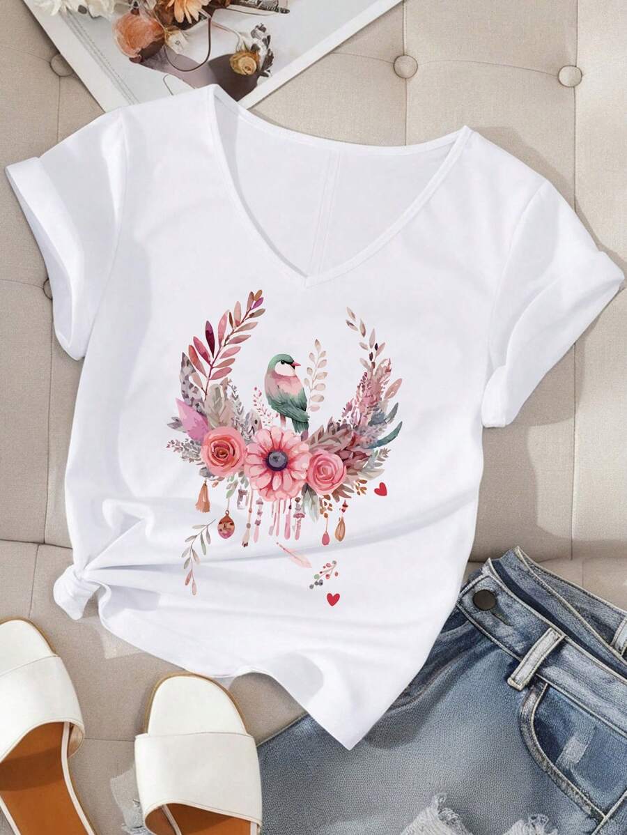 EMERY ROSE Áo thun cổ chữ V hở vai in họa tiết chim và hoa tối giản giản dị, cỡ lớn, phù hợp cho mùa hè - trắng - Xem 1