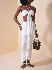 Slaydiva Conjunto de dos piezas con top tipo camiseta de tirantes y volantes en estilo vacacional amarillo para mujer - Blanco - Ver 3