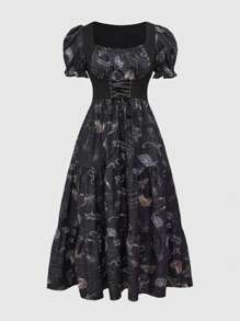 ROMWE Dark Gothic Girl Vintage Pattern Print Elastic Waist Ruffle Hem Overlay Long Dress, Women Summer Outfits - Black - View 1