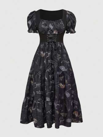 Dark Gothic Girl Vintage Pattern Print Elastic Waist Ruffle Hem Overlay Long Dress, Women Summer Outfits