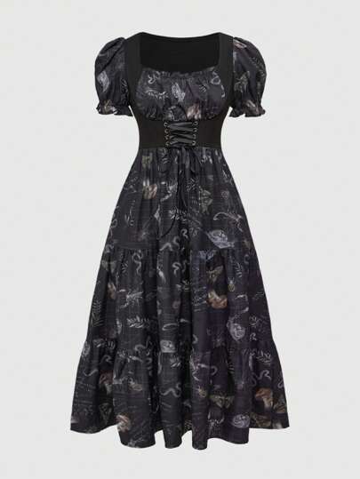 Goth فستان طويل ذو طيات وخصر مطاطي بنمط طباعة فينتاج قتامة جوتية، أزياء صيفية للنساء