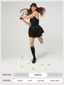 GLOWMODE FeatherFit™-Air 速干网球内置罩杯褶皱露肩弹力腰带连衣裙内置短裤侧袋低冲击跑步训练健身健身房