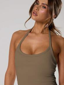 Musera Sport Seamless Halterneck Strap Active-Wear Halter Crop Top, Padel, Tennis, Pickleball Gym Fitness Summer - Mocha Brown - View 5