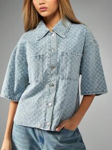 MISSGUIDED 超大牛仔衬衫夹克纽扣羽绒浅色水洗苦恼夏季春季裁剪顶级街头服饰节时尚声明件 - 淺色水洗藍 - 查看 6