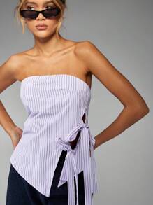 MISSGUIDED Top estivo senza spalline, a fascia, con lacci laterali, in misto cotone a righe, blusa a tubo asimmetrica, casual, da spiaggia, moda primavera - Viola - Visualizzare 3