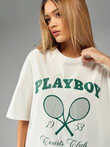 Missguided x Playboy 网球场俱乐部超大 T 恤复古运动图案印花学院风复古风休闲夏季运动服街头服饰 - 白色 - 查看 3