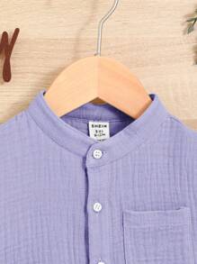 SHEIN Baby Boy Solid Color Short Sleeve Single-Breasted Pocket Shirt And Shorts Casual Outfit - Purple - View 3
