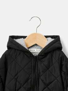 SHEIN Leap Crew Baby Boy Grey & Black Thick Quilted Hooded Jacket, Warm All-Match Solid Versatile Coat Suitable For Indoor, Outdoor & Snow Playing In Autumn/Winter