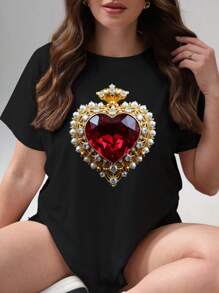 Chiquease 女士休闲圆领 T 恤，配珍珠爱心印花 - 黑色 - 查看 3