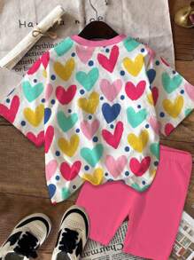SHEIN Leap Crew 2pcs/Set Colorful Heart Print Casual Tween Girls Short Sleeve T-Shirt And Shorts Set, Suitable For Summer - Multicolor - View 3