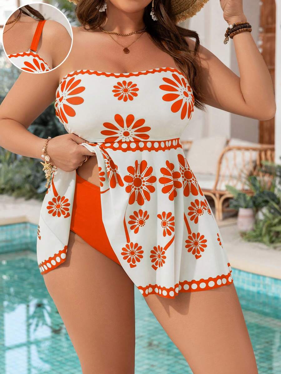 SHEIN Swim Curve Plus Size 2pcs/Set Tankini, Colorful Graphic Print Minimalist Halter Top Swimwear For Women, Suitable For Daily Wear, Beach Vacation For Summer - Multicolor - View 1