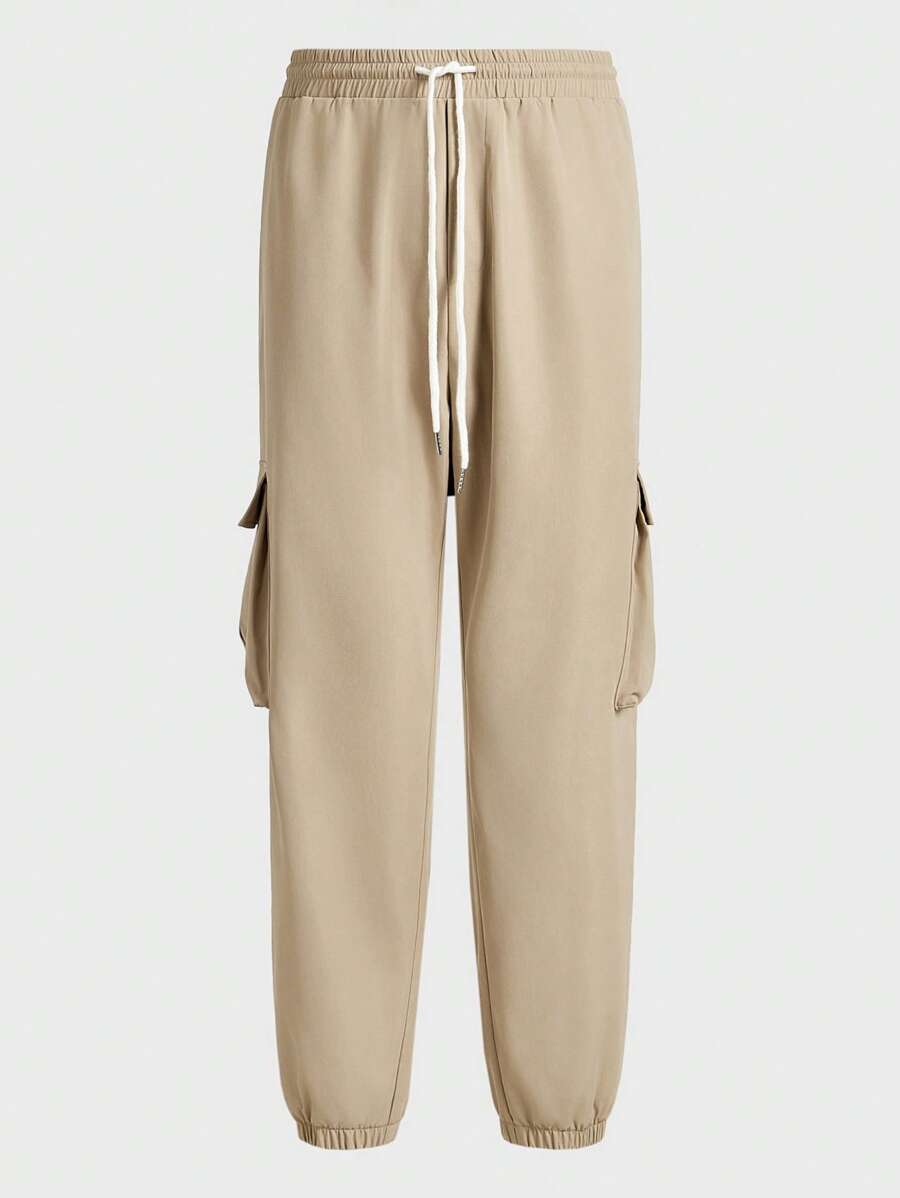 Mainfolk Plus Size Men's Camel Color Woven Cargo Pants, Long Pants - Camel - View 1