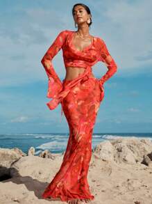 Opulessa 女士节日扎染印花喇叭袖罩衫，适合夏季海滩度假、乡村音乐会、纱笼 - 紅色 - 查看 6