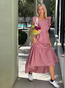 SHEIN EZwear 方领格子蝴蝶结连衣裙，甜美中长连衣裙，夏季新品 - 紅色 - 查看 2