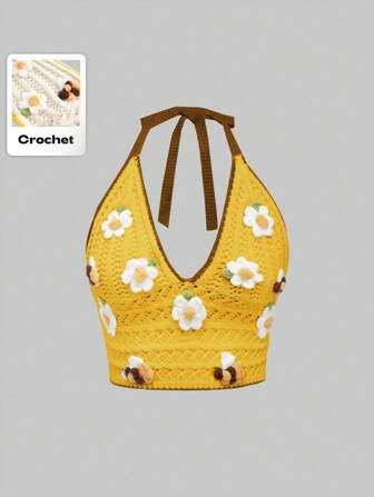 Kawaii Top sin mangas con decoración floral 3D para mujer, ideal para vacaciones