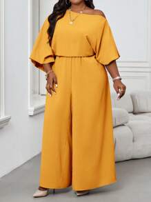 SHEIN Lady Autumn And Winter Elegant Vintage Work Casual Office Champagne Woven Off The Shoulder Ball Gown Bishop Sleeve Backless New Product Plus Size Jumpsuits - Yellow - View 4