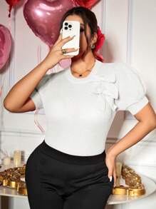 SHEIN Frenchy Plus Size Women's Clothing, Red Bow Decoration, Puff Sleeves, Sweater, Suitable For Valentine's Day, Spring Festival, New Year's Eve, 3D Bow, Elegant, Romantic Sweater - White - View 3