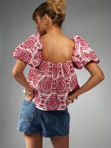 MISSGUIDED 英式刺绣衬衫泡泡袖方领夏季上衣节日波西米亚草原风格海滩度假装刺绣（注：15 个单词季节/场合相关，不提及颜色）