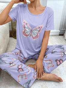 SHEIN Fashion Butterfly Positioning Print Short Sleeve Top And Long Pants Set - Purple - View 7