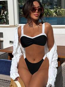 SHEIN Swim 2pcs/Set Women's Sexy Beach Bikini Set, Black & White Fabric Patchwork, Ruched Front, Thick Strap, Swimwear For Summer Beach Vacation