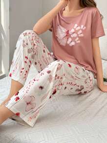 Conjunto de pijama de cuello redondo de manga corta con estampado de mariposas y flores para mujeres - Multicolor - Ver 5