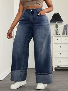 SHEIN SXY Plus Size Medium Wash Denim Extra Long Wide Leg Jeans With Zipper Detail - Medium Wash - View 4