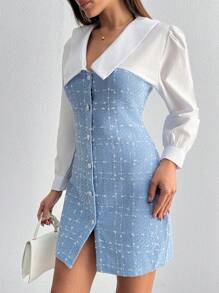 SHEIN Cottnline Women's Polo Collar Long Sleeve Plaid Bodycon Contrast Color Mini Dress - Baby Blue - View 3