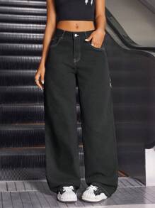 SHEIN ICON Women Casual Minimalist Denim Jeans, Suitable For Summer - Black - View 4