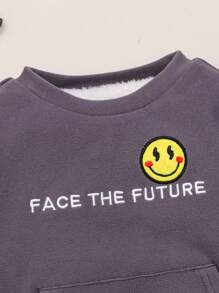 SHEIN Baby Boys' Face Print Sweatshirt & Pants & Thermal Lined Hooded Vest 3pcs/Set