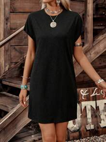 LanaWest 女士休闲圆领短袖柔软针织复古色乡村风格宽松连衣裙