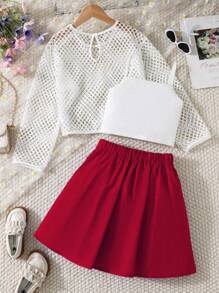 SHEIN 3pcs/Set Tween Girl Fishnet Crop Top And Camisole And Pleated Skirt Outfit