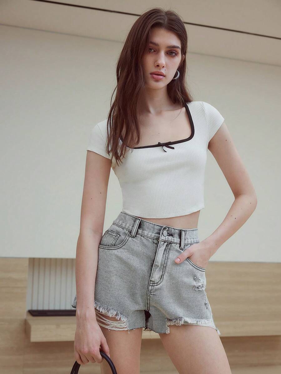 MOTF STUDIO 罗纹修身短款 T 恤 - 黑與白 - 查看 1