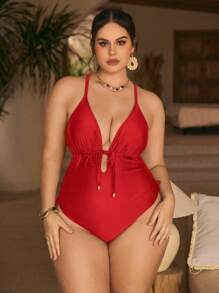 Swim Chiccia Elegant Solid Color Metal Pendant Decor Adjustable Strap Plus Size One Piece Swimsuit, Perfect For Summer Beach - Red - View 6