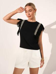 SHEIN Clasi Women's Summer Round Neck Short Sleeve T-Shirt, Black Fringe Trim On Cuffs, Tassel Shoulder Tape Knitted Fabric, Casual, Young, Versatile, Loose Fit, Suitable For Daily, Holiday, Music Festival