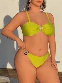 SHEIN Swim Curve 2 件套加大码女式纯色夏季时尚金属配饰肩带性感比基尼泳装，度假风格