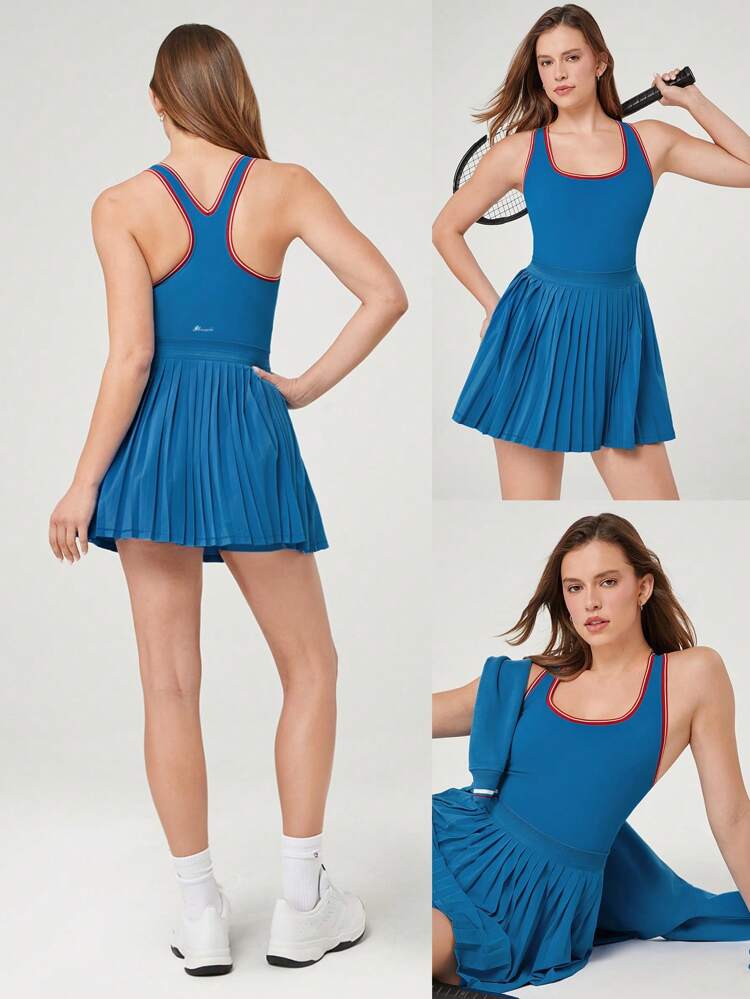 Quick-Dry Tennis Built-In Cups Pleated Peekaboo Elasticized Waist Dress With Built-In Shorts Side Pockets Low Impact Running Training Workout Gym