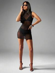MISSGUIDED High Neck Sleeveless Mesh Mini Dress Club Party Bodycon See Through Evening Fashion Statement Night Out Y2K 90s Inspired - Black - View 7