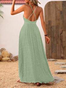 Breezaya Summer Vacation Style Sleeveless Spaghetti Strap Dress - Deep V-Neck And Large Backless Design, Large Skirt Textured Fabric Women's Long Dress​ - Green - View 2