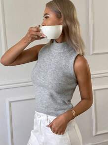 DAZY Top de punto de ajuste ceñido sin mangas de cuello alto de unicolor casual, verano