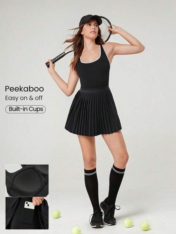 GLOWMODE Vestido FeatherFit™-Air de secado rápido para tenis con copas incorporadas, cintura elástica y plisada, pantalón corto incorporado con bolsillos laterales, para entrenamiento y ejercicio de bajo impacto