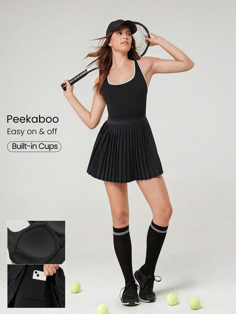 GLOWMODE FeatherFit™-Air 速干网球内置罩杯褶皱露肩弹力腰带连衣裙内置短裤侧袋低冲击跑步训练健身健身房